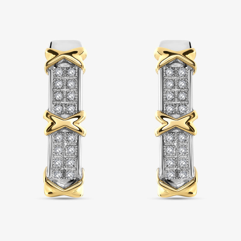 Keemti Jewels Geocuff Hoop Earrings with diamond detail and criss-cross gold accents, shown on a white background.
