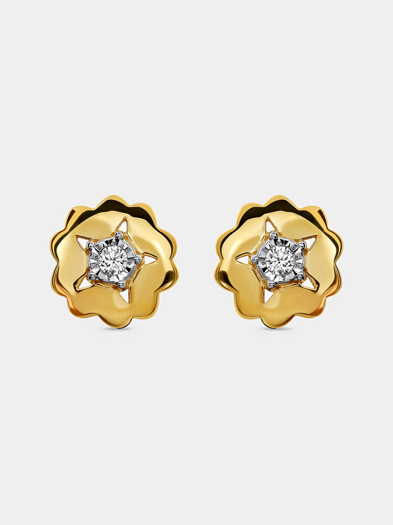 Pair of floral starburst stud earrings with round clear stones and gold-tone petals