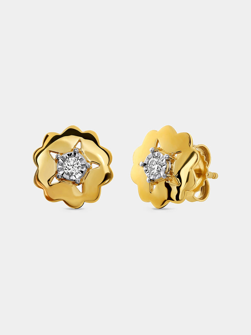Gold floral starburst stud earrings with round clear stones, screw-back style