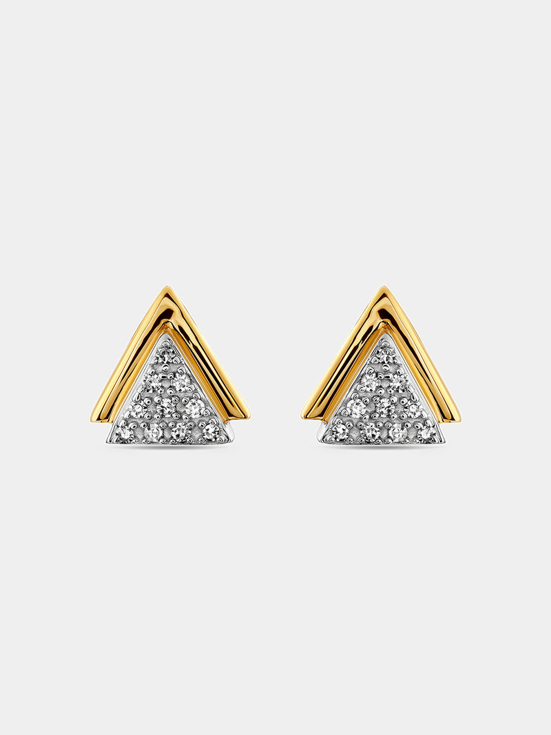 Dual-tone triangle spark stud earrings, gold outer frame with silver pavé triangle