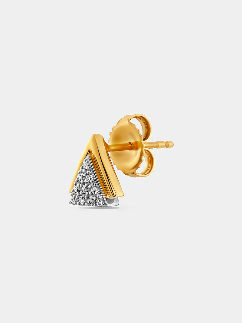 Triangle spark stud with gold backing and silver pavé center, push-back earring