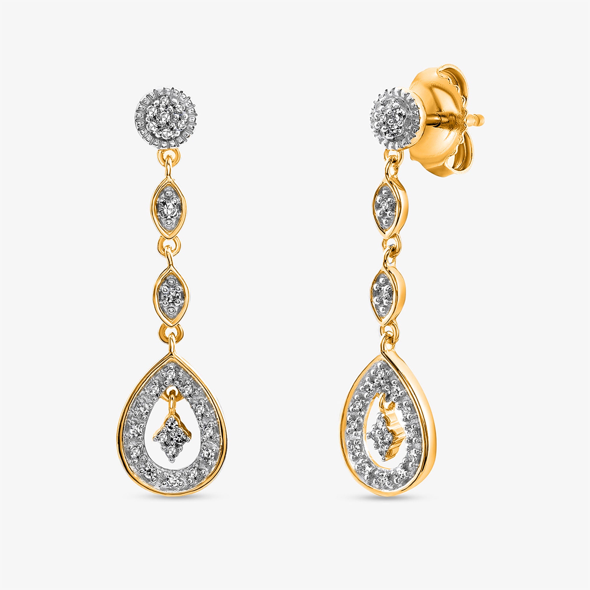 Gracefall Diamond Drop Earrings by Keemti Jewels: gold teardrop earrings with sparkling diamonds on white background.