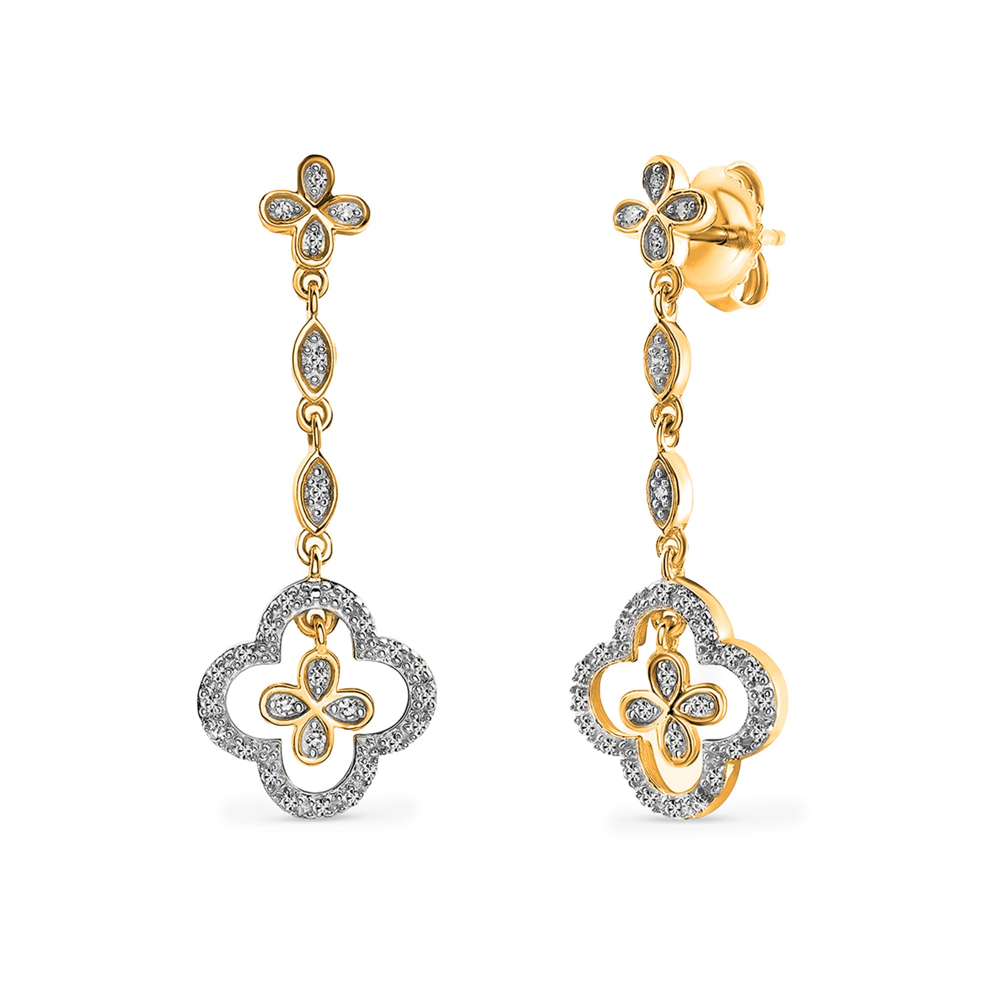 Silver 925 clover quatrefoil drop earrings with three oval stone dangles
