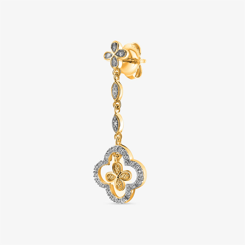 Keemti Jewels' Ornate Grace Clover Earrings showcase a gold drop design with lab-grown diamonds on a white backdrop.