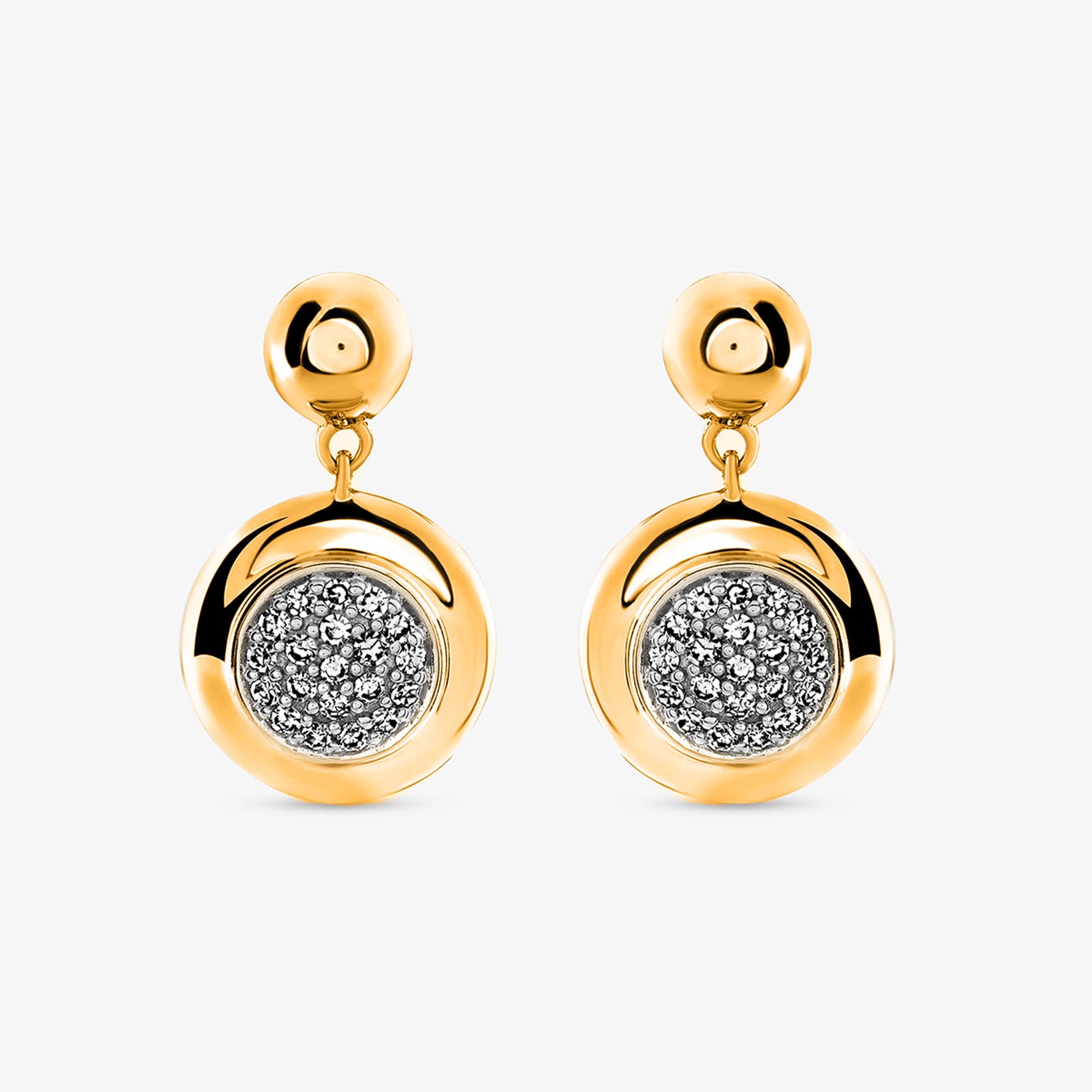 Diamond disc drop earrings in 925 silver, round pavé center disc