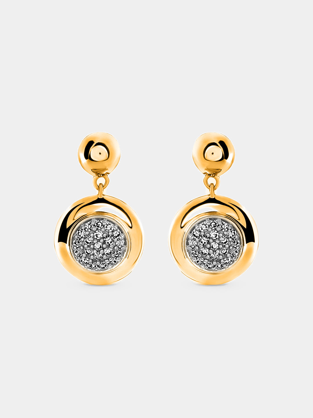 Diamond disc drop earrings in 925 silver, round pavé center disc