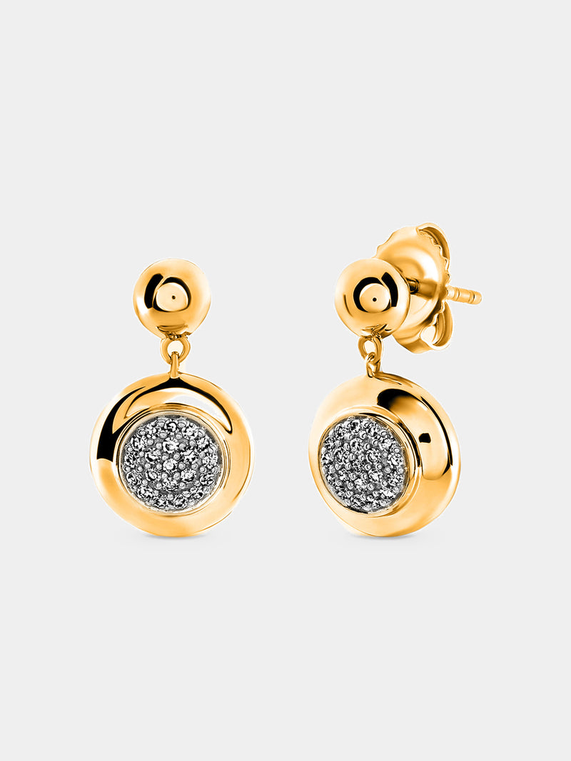 Diamond Disc Drop Earrings by Keemti Jewels feature chic sparkle with crystal-studded gold centers in a versatile design.