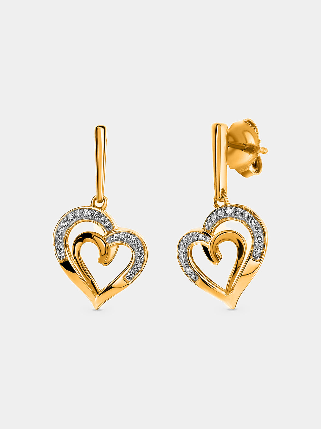 Heart drop earrings with linked love-heart design, silver-and-gold vermeil finish