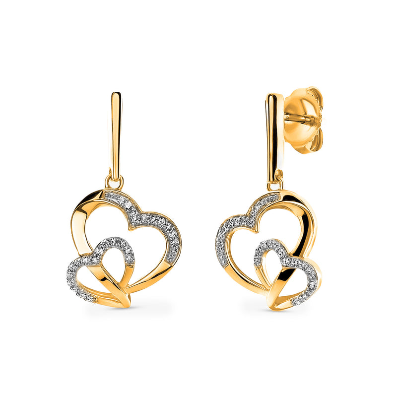 Keemti Jewels Tangled In Love Heart Earrings: gold interlocking hearts with diamond accents on a white background.