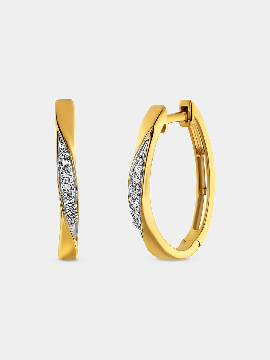 Crossover Curve hoop earrings, gelbgoldfarben mit diamantbesetztem Mittelstreifen