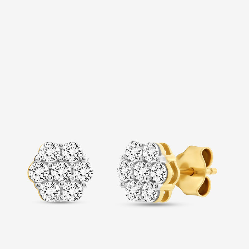 Shine stud earrings, 14Kt yellow gold with round clear stone cluster