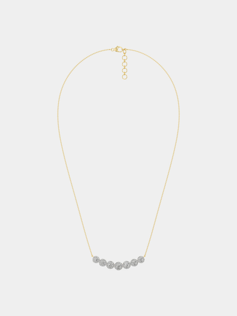 Symphony Of Sparkle Necklet by Keemti Jewels: seven round diamonds elegantly set in a gold bar on white.