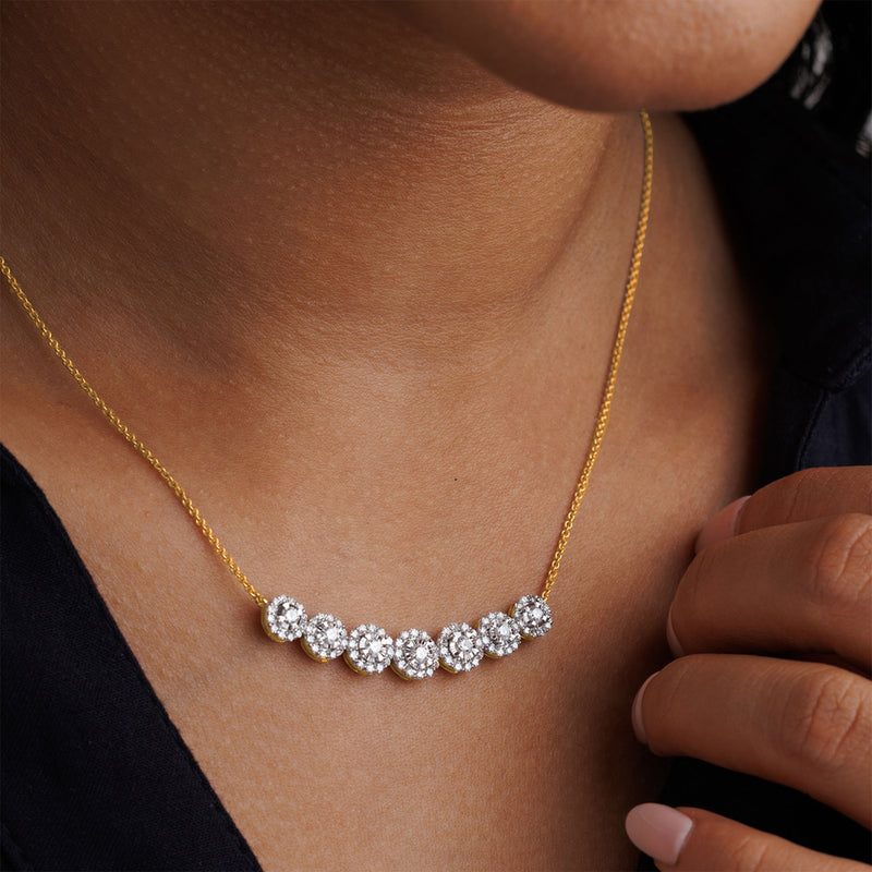 Keemti Jewels' Symphony Of Sparkle Necklet shimmers as she gently touches the clustered diamond pendants.