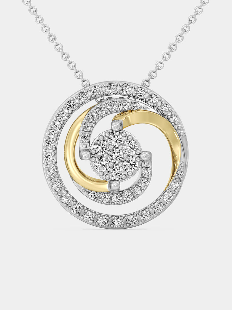 Silver swirl pendant with round pavé halo and gold-toned inner ring
