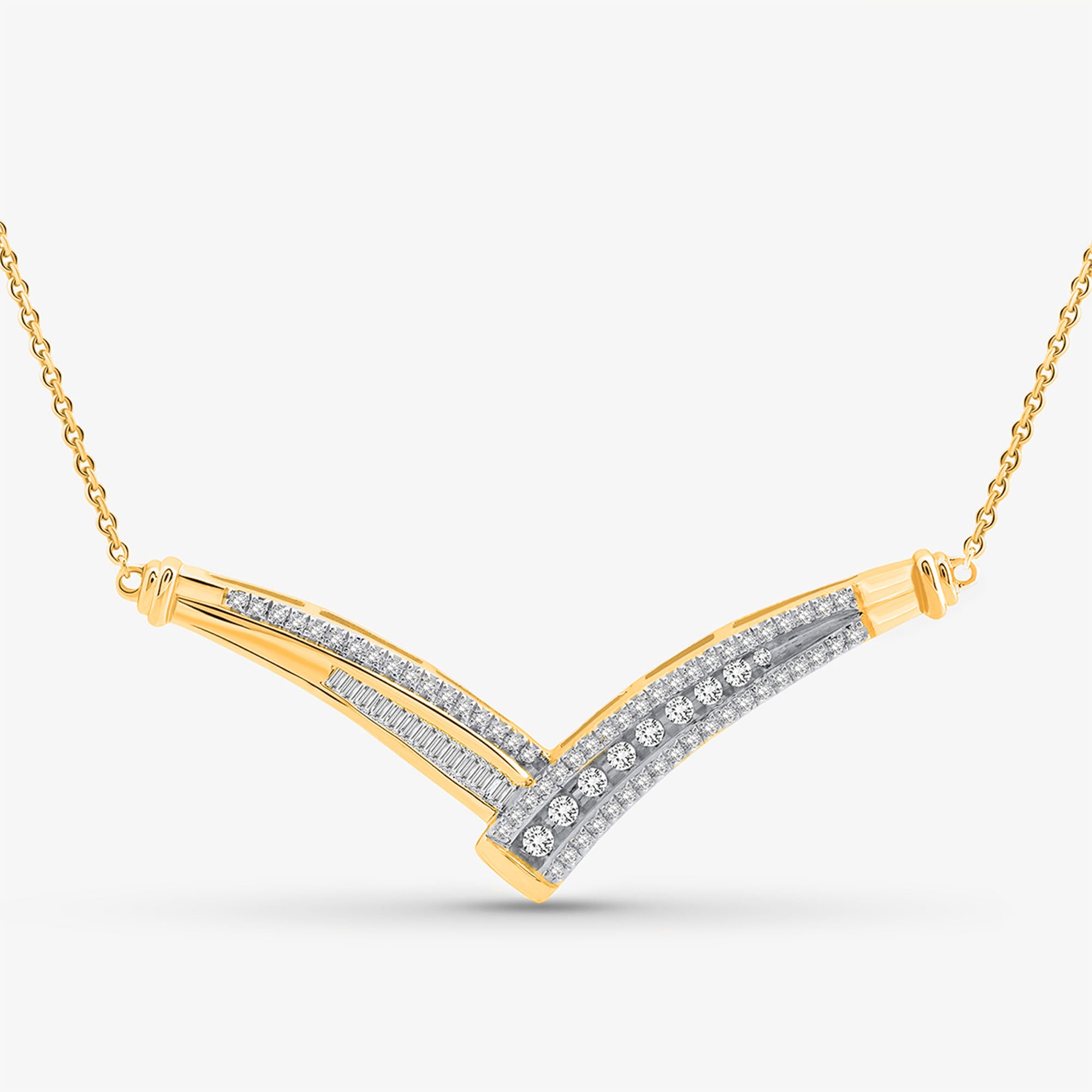 Keemti Jewels Multi-Stone Chevron Necklet: gold V-shaped chain with double rows of white diamonds in a chevron.
