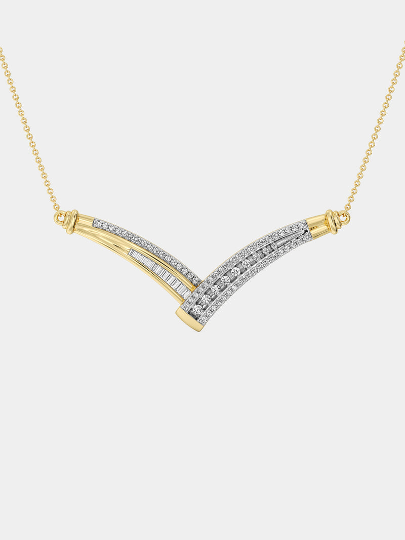 Keemti Jewels Multi-Stone Chevron Necklet: gold V-shaped chain with double rows of white diamonds in a chevron.