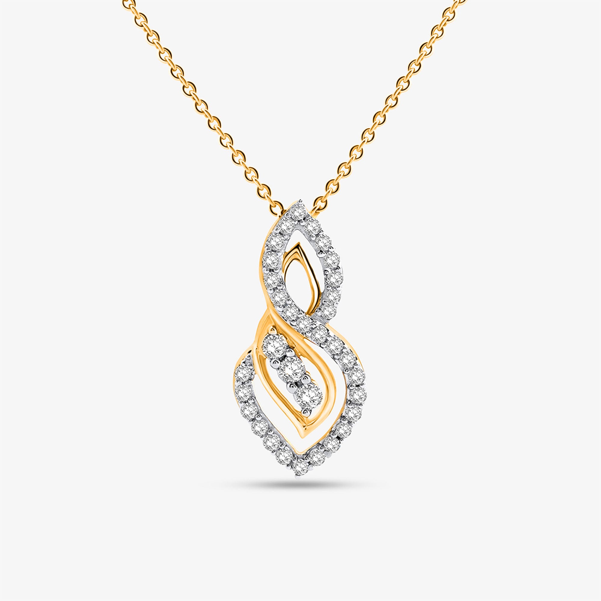 Keemti Jewels' Two-Tone Dual Loop Necklet features an intertwined, diamond-leaf pendant on a white background.