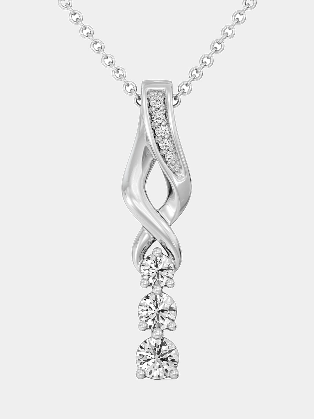 Three-stone twirl drop necklace: silver-toned swirl pendant with three gemstones