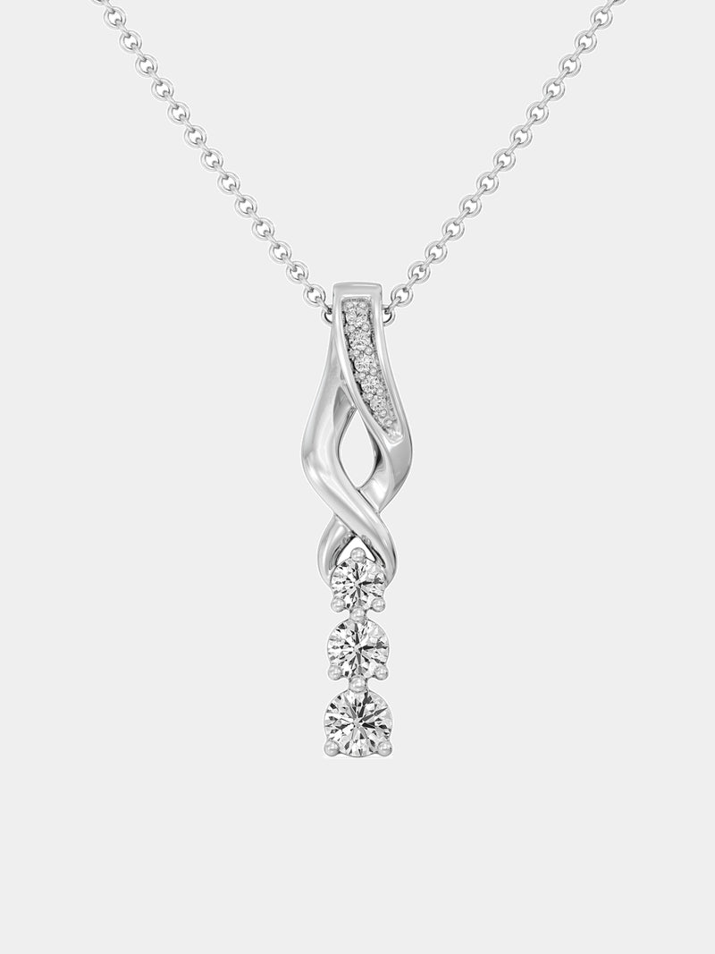Silver-toned twirl drop necklace with three sparkling stones in a swirl pendant