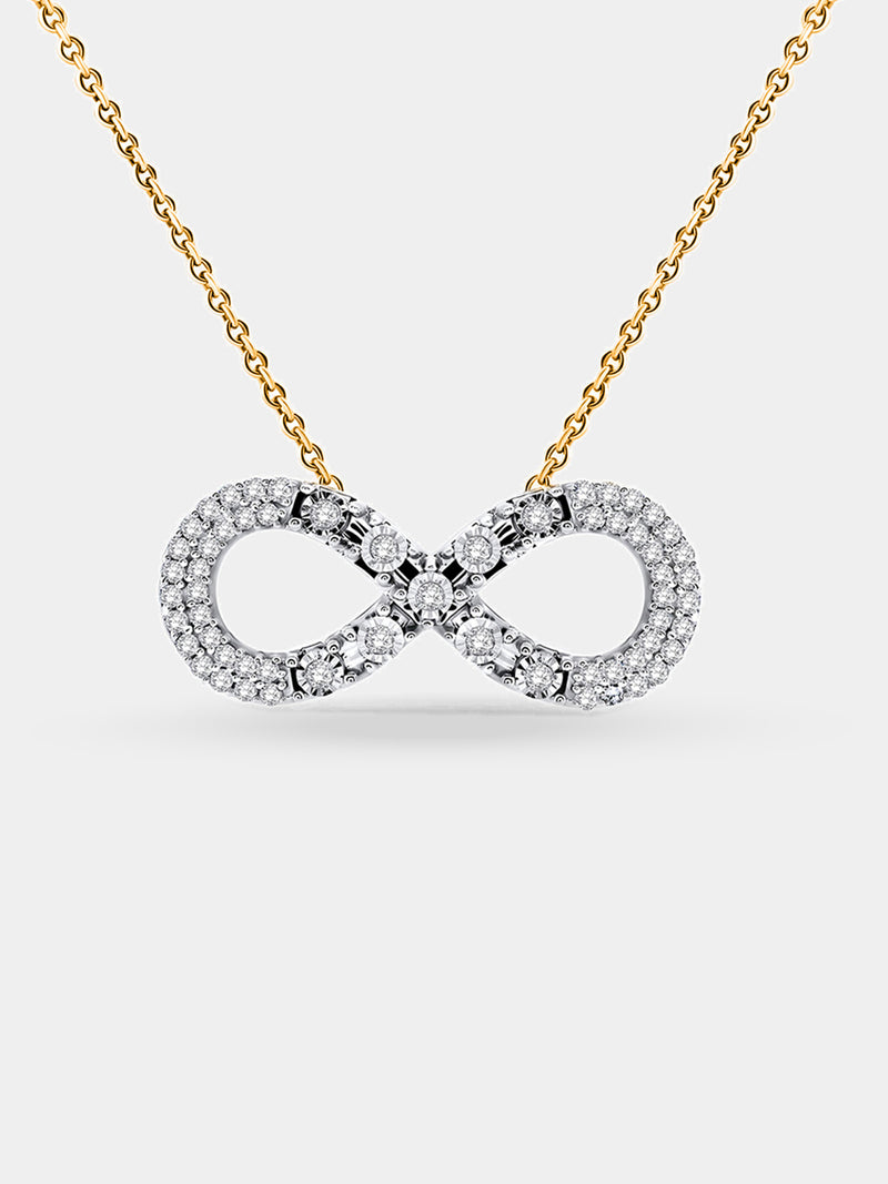 A woman in a white top wears the Keemti Jewels Classic Infinity Diamond Necklet, symbolizing eternal love.