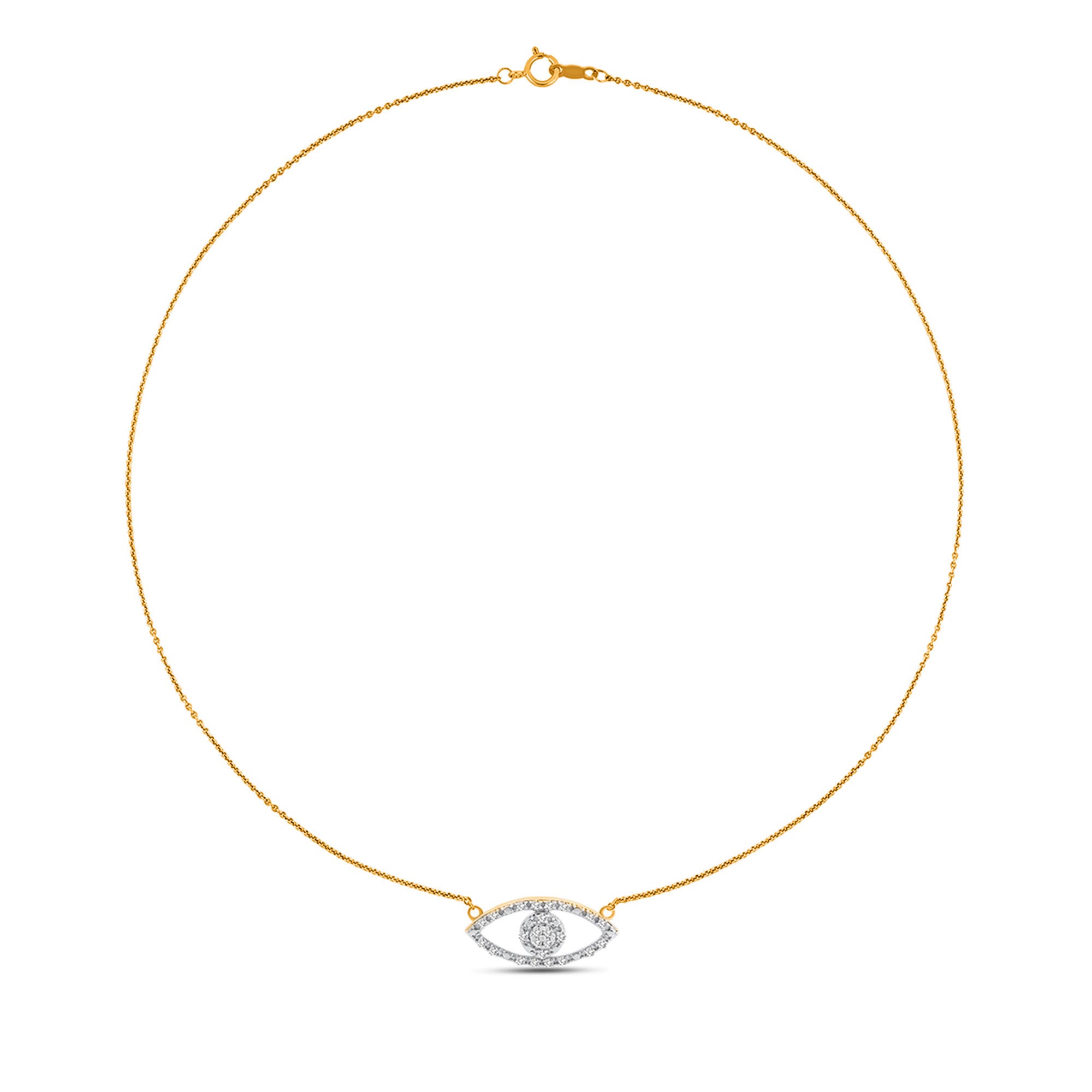 Keemti Jewels' Halo Evil Eye Necklet: gold chain with a gemstone center and diamond halo for stylish protection.
