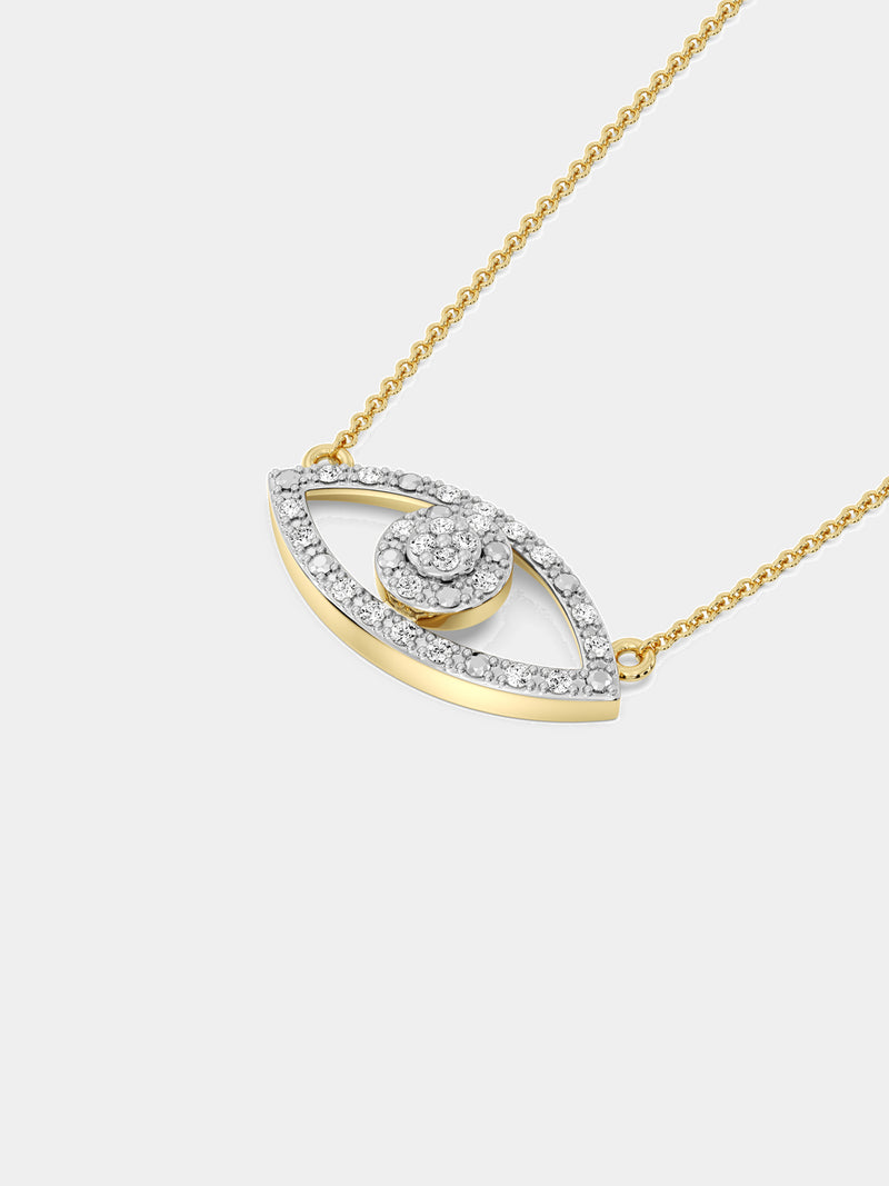 Keemti Jewels' Halo Evil Eye Necklet: a diamond-halo pendant for chic protection, stunning over any dark top.