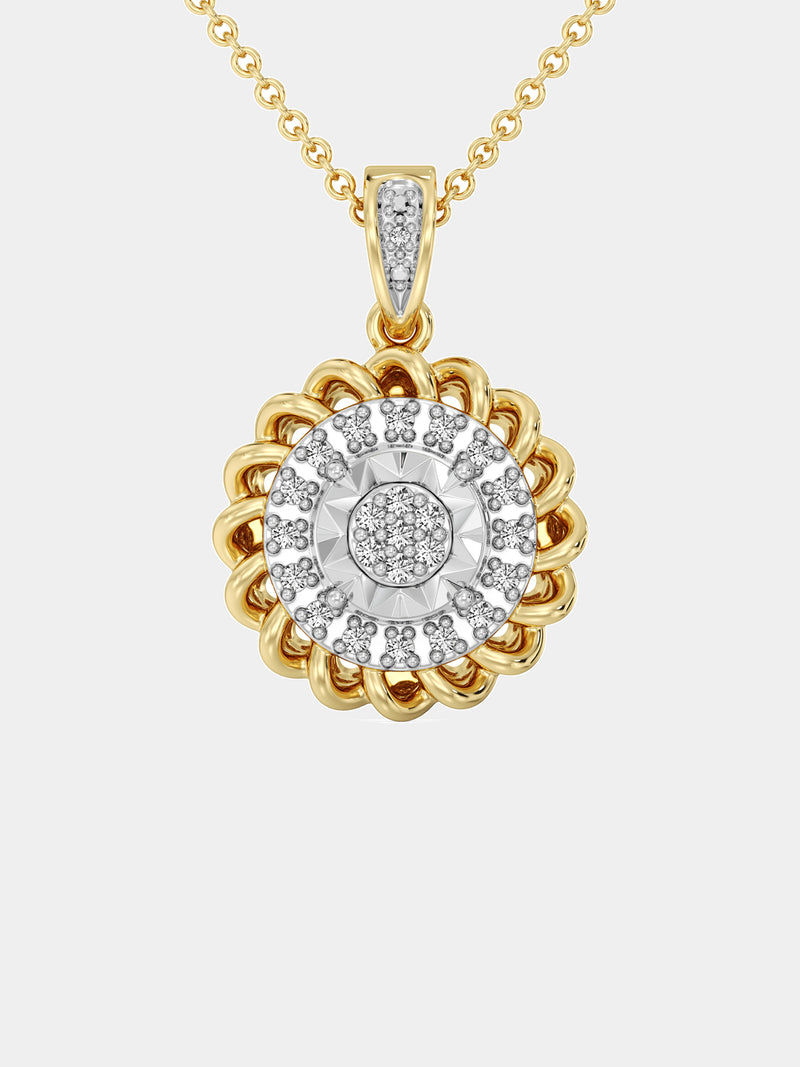 A woman in a black top wears Keemti Jewels' Aurora Cluster Necklet, a gold floral halo with a sparkly round pendant.