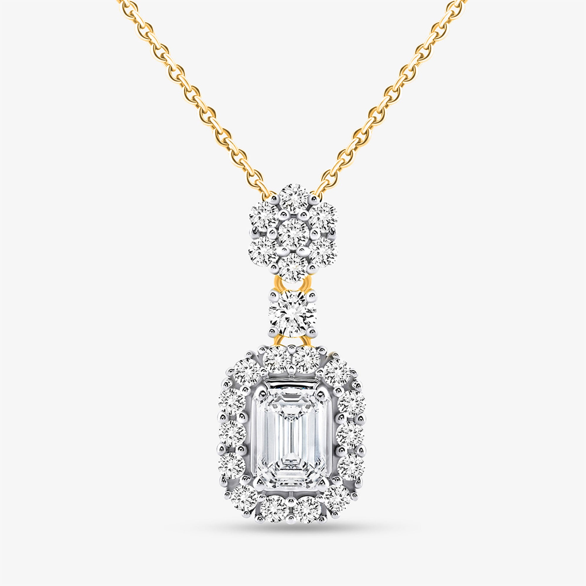 Keemti Jewels' Eternal Emerald Halo Necklet: gold chain, emerald-cut and round diamonds for timeless elegance.