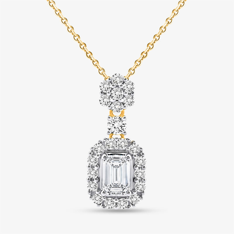 Keemti Jewels' Eternal Emerald Halo Necklet: gold chain, emerald-cut and round diamonds for timeless elegance.