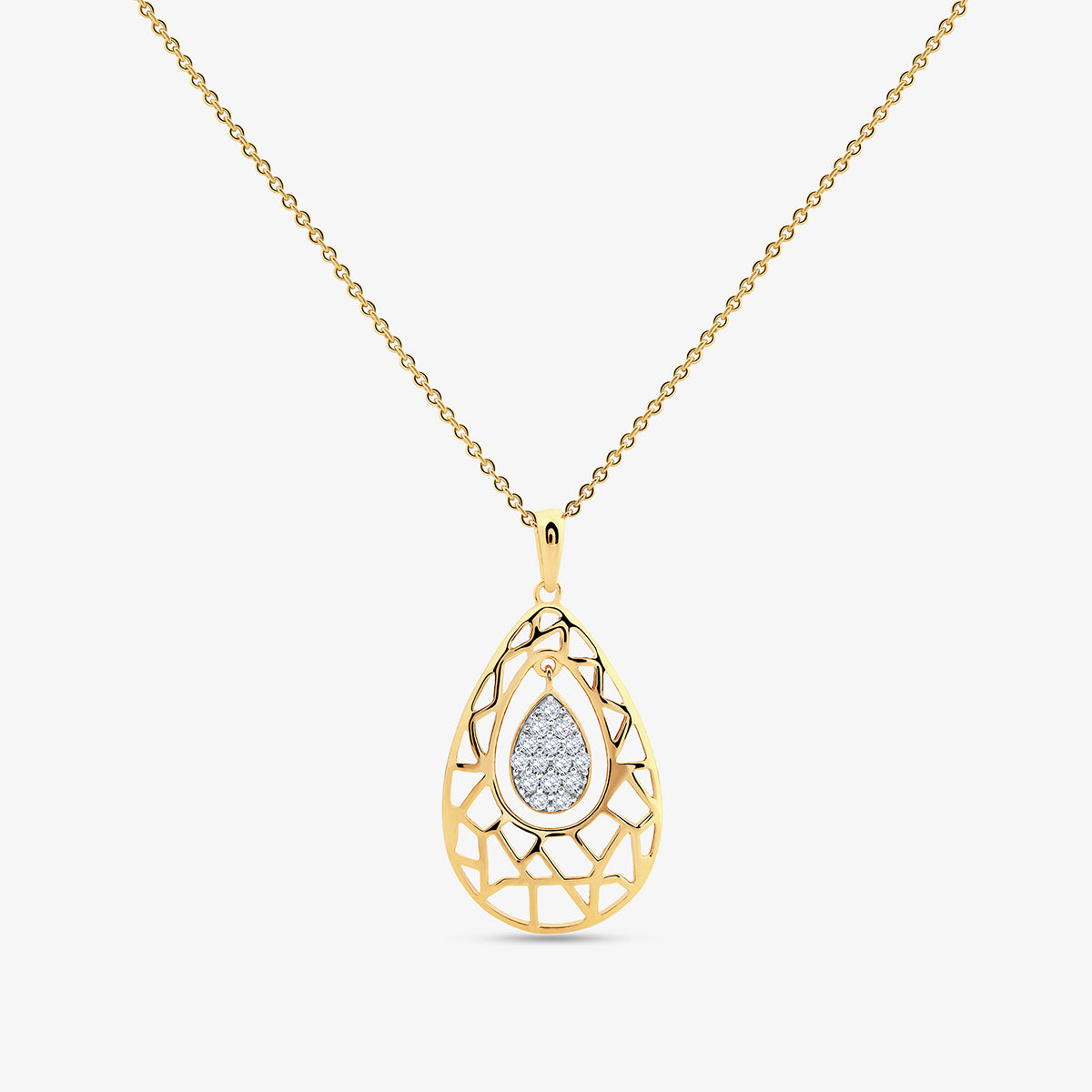Keemti Jewels' Lattice Weave Drop Chain Necklet features diamond accents and a teardrop pendant on a gold chain.