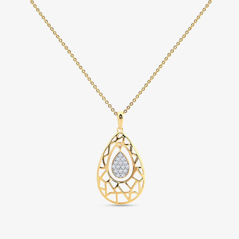 Keemti Jewels' Lattice Weave Drop Chain Necklet features diamond accents and a teardrop pendant on a gold chain.