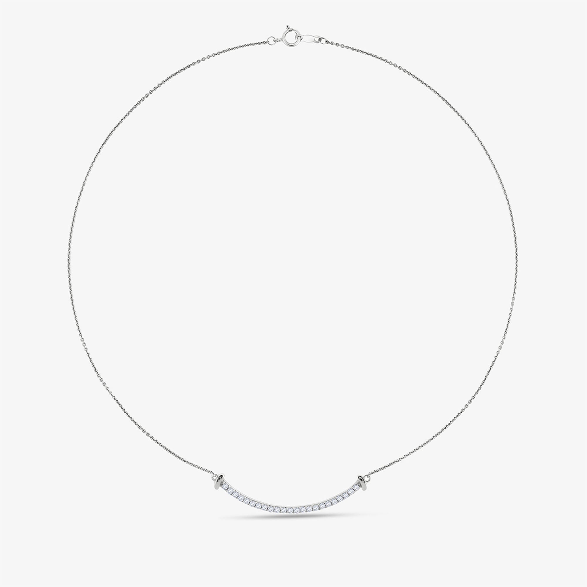 Aurelia Arc Necklet by Keemti Jewels: a sleek, thin-chain silver necklace with a curved bar pendant on white.