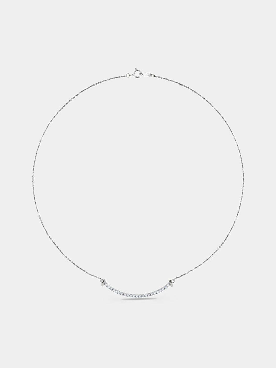 Aurelia Arc Necklet by Keemti Jewels: a sleek, thin-chain silver necklace with a curved bar pendant on white.
