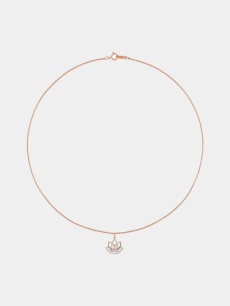 Rose-gold chain necklace with small lotus charm pendant at the center