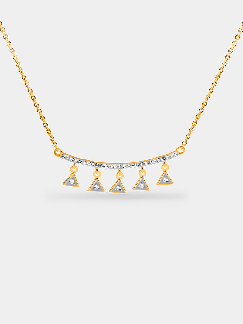 A woman in a dark collared shirt wears Keemti Jewels' Triangle Charm Drop Necklet with geometric pendants.