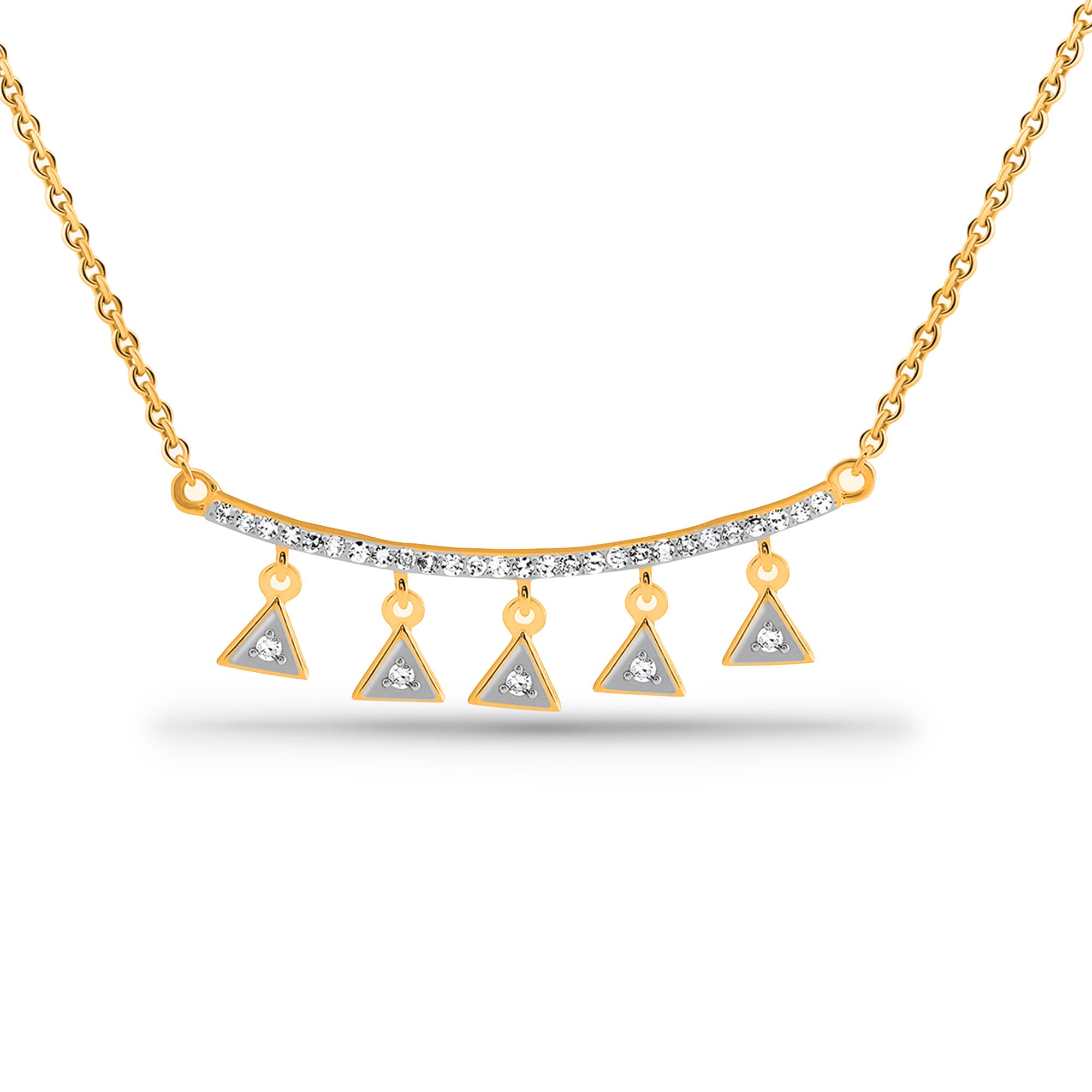 Keemti Jewels' Triangle Charm Drop Necklet: gold diamond chain, five triangle drops, and curved diamond bar.