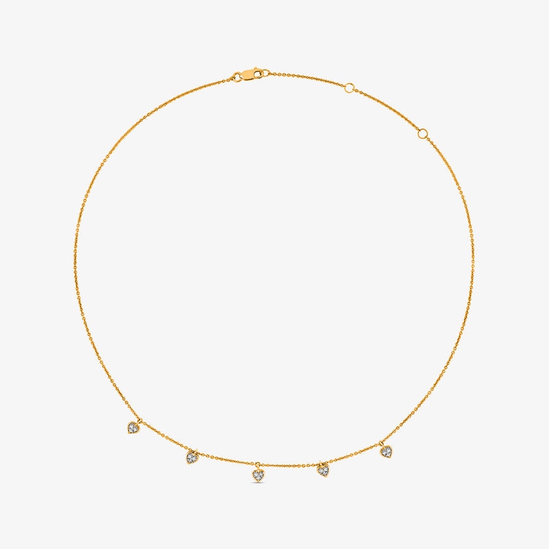 Keemti Jewels Linked By Love Charm Necklet: slim gold necklace with 5 round gemstone charms on white background.
