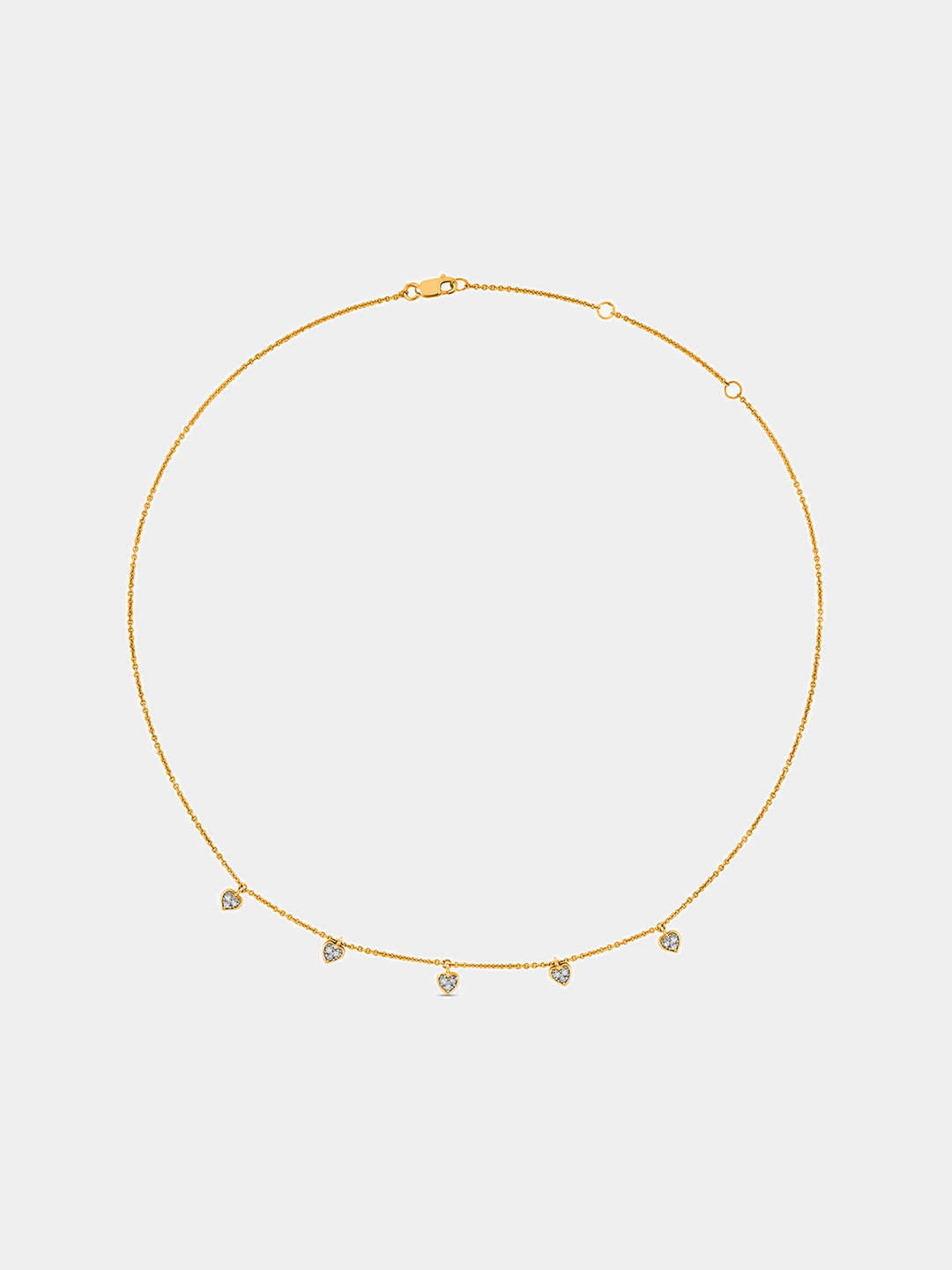 Keemti Jewels Linked By Love Charm Necklet: slim gold necklace with 5 round gemstone charms on white background.