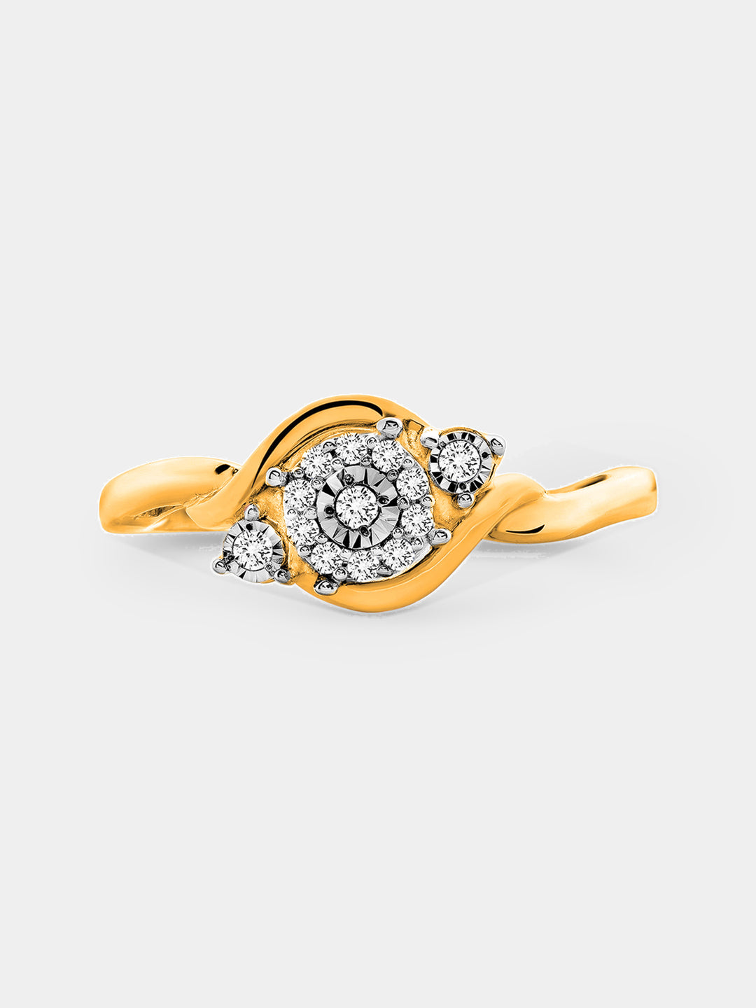 Keemti Jewels' Two-Tone Accent Ring: floral-inspired gold band with three diamonds and a sparkling diamond center.