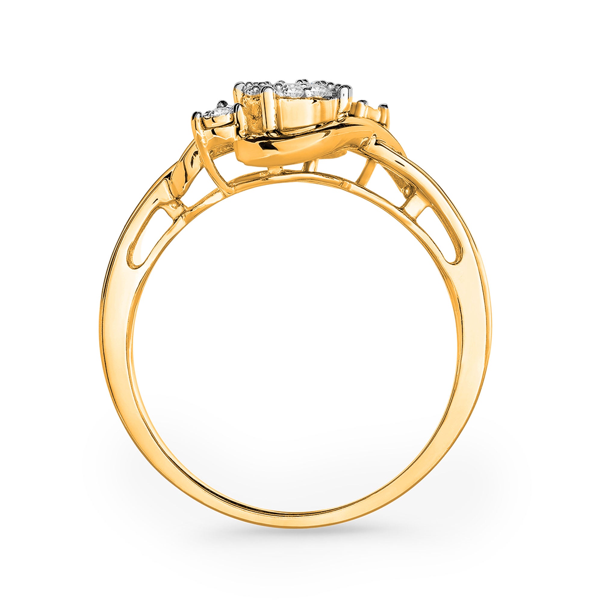 Keemti Jewels' Two-Tone Accent Ring with round centerpiece and side stones, shown side profile on white background.