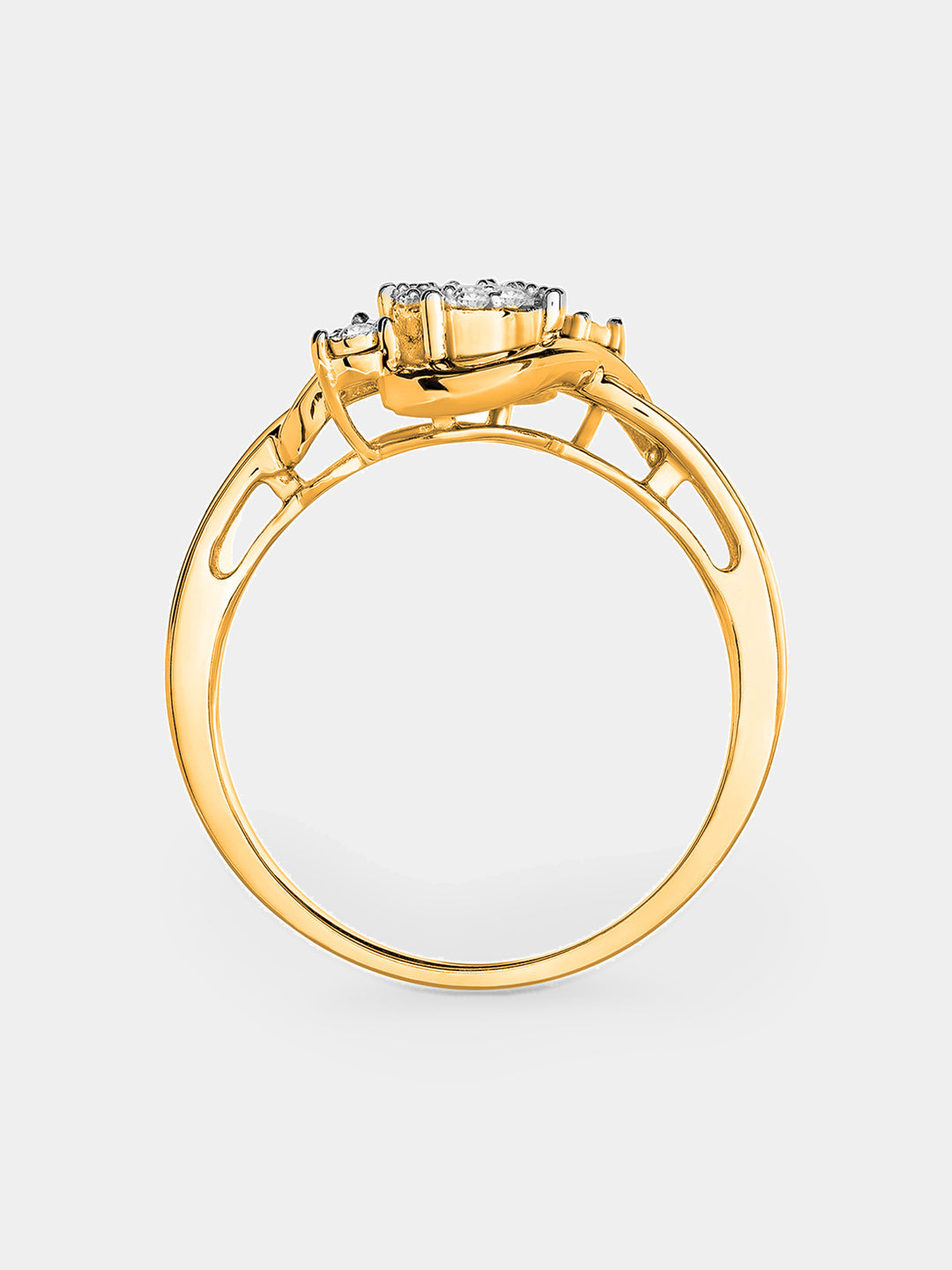 Keemti Jewels' Two-Tone Accent Ring with round centerpiece and side stones, shown side profile on white background.