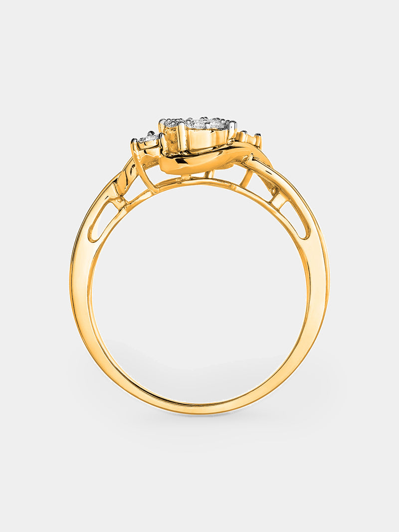 Keemti Jewels' Two-Tone Accent Ring with round centerpiece and side stones, shown side profile on white background.