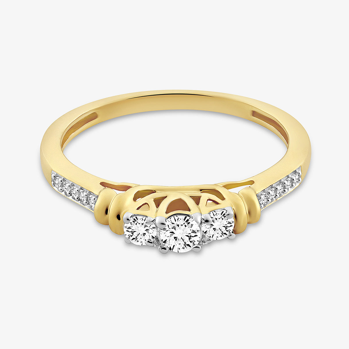 Keemti Jewels' Ever-After Classic Trio Solitaire Ring features three diamonds and accents on a gold band.