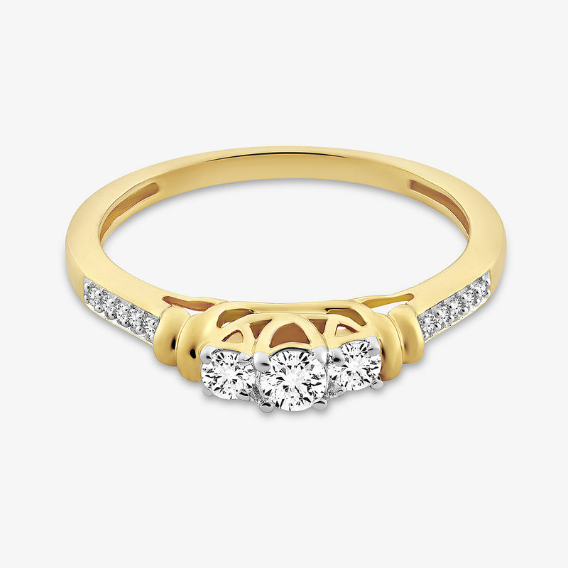 Keemti Jewels' Ever-After Classic Trio Solitaire Ring features three diamonds and accents on a gold band.