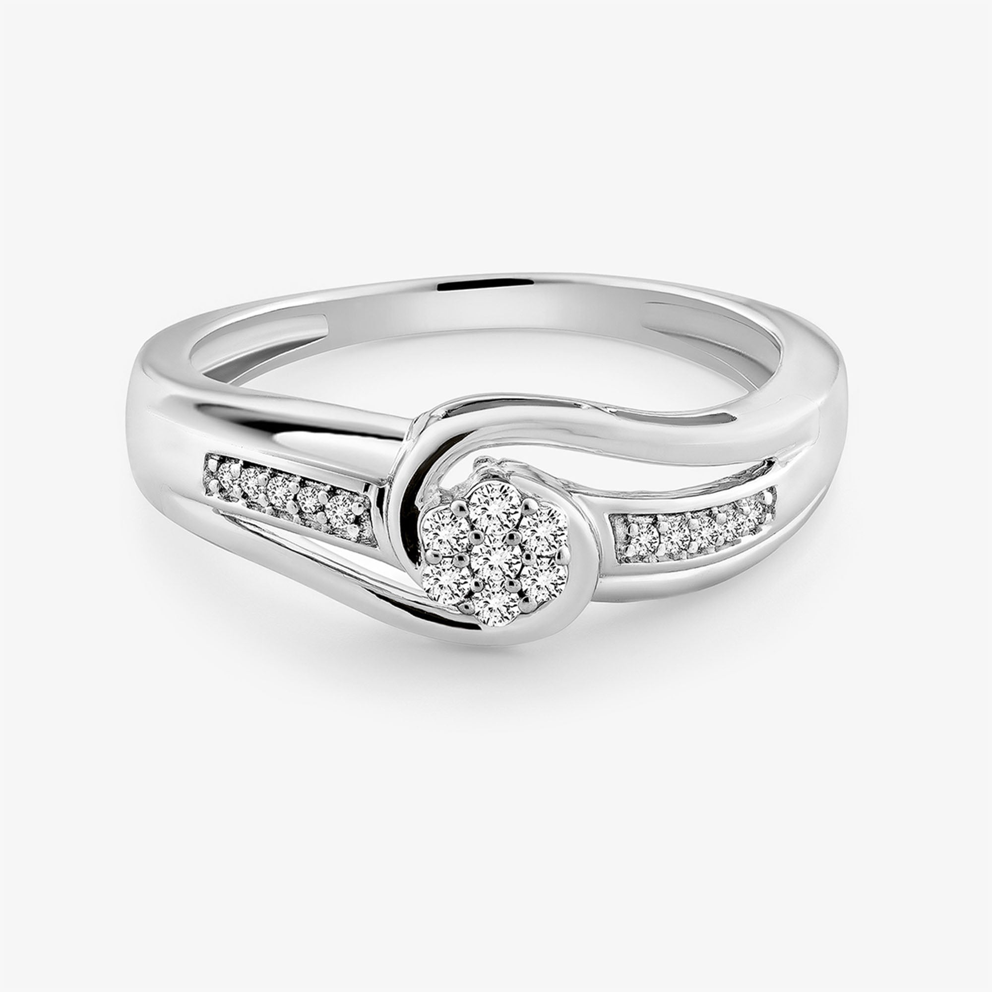 Loop diamond ring in 925 silver with gold-tone inlay, round center cluster and pavé bands
