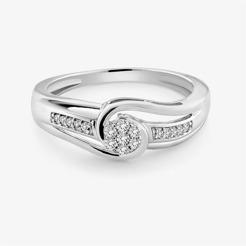 Loop diamond ring in 925 silver with gold-tone inlay, round center cluster and pavé bands