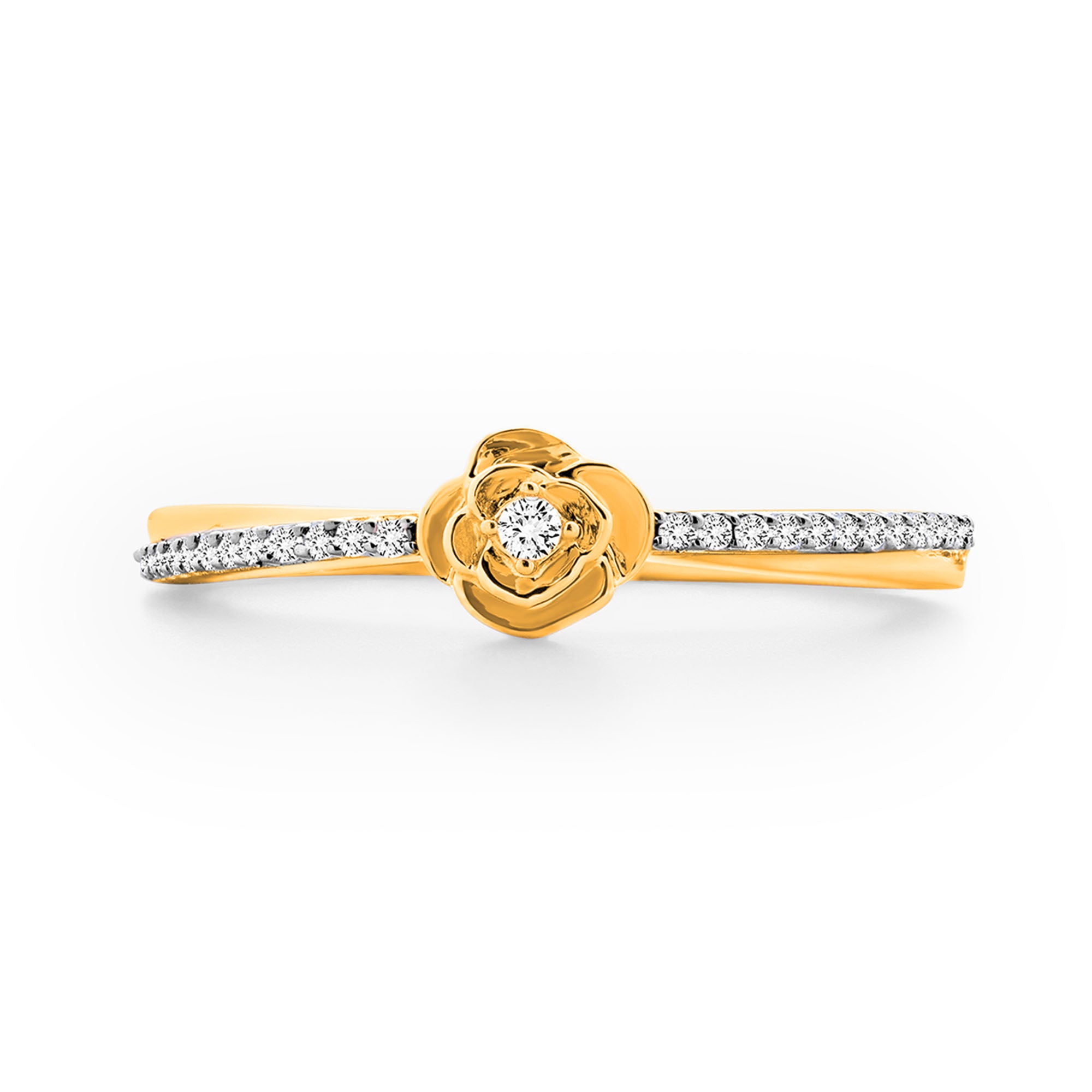 Petal Blush Promise Ring by Keemti Jewels: gold band with diamond accents and a floral motif, on white background.