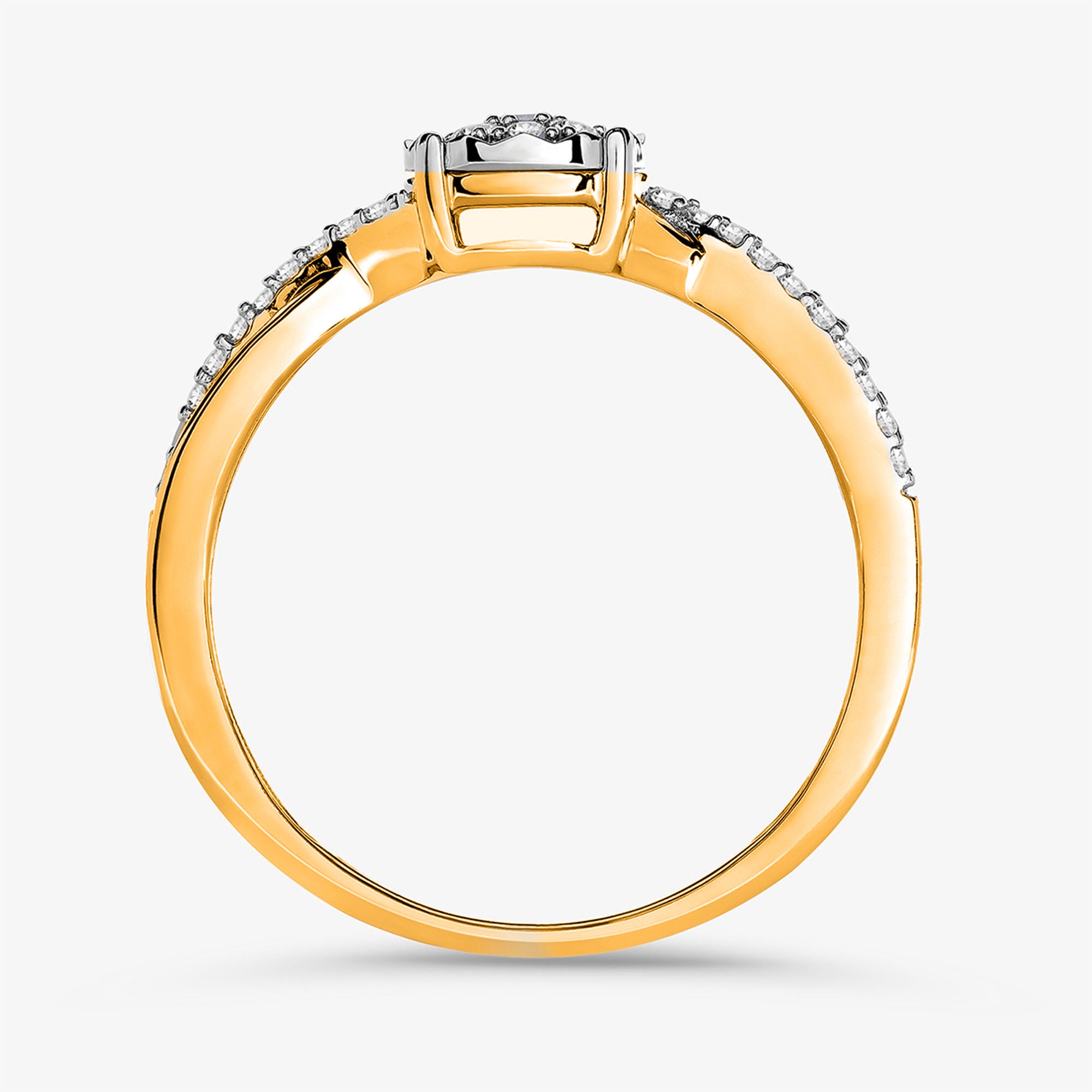 Keemti Jewels' Classic Round Twist Band Ring with a twisted shank, pave diamonds, and round center stone—side view.