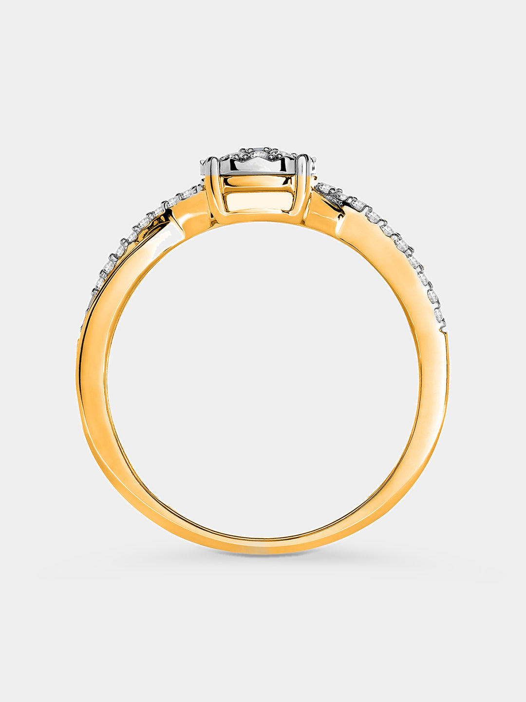 Keemti Jewels' Classic Round Twist Band Ring with a twisted shank, pave diamonds, and round center stone—side view.