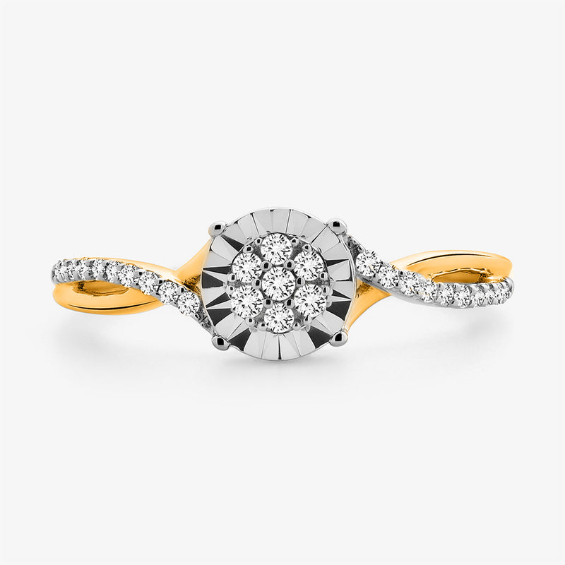 Keemti Jewels Classic Round Twist Band Ring with diamond cluster and pave band, shown on a white background.